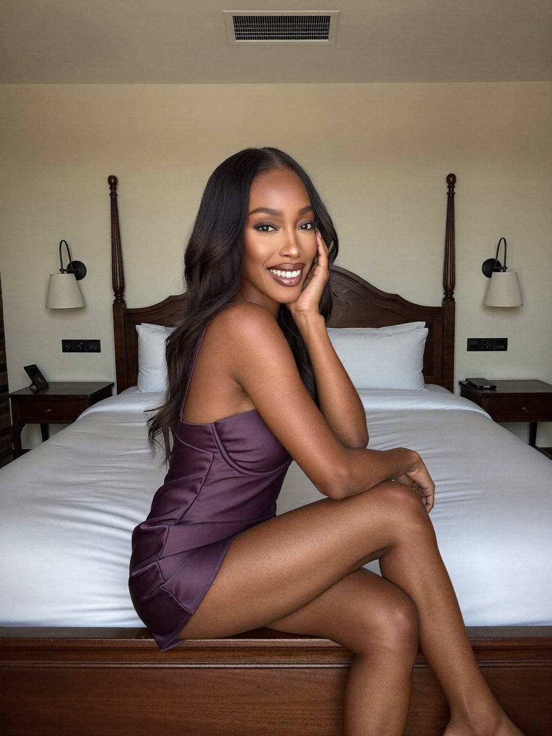 Fabienne, a dark-haired Haitian woman, in a plum satin slip sitting on the end of a dark wooden four-poster bed, legs crossed and cheek resting on her hand, smiling broadly, wall lamps on each side of the headboard.