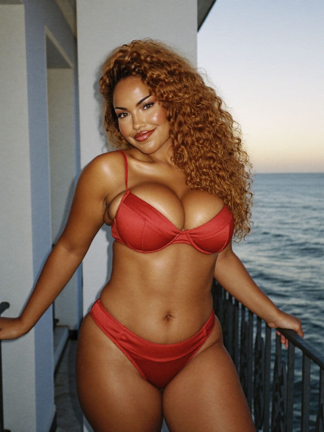 Marisol, a brunette Puerto Rican woman, Cruz in a red satin bra and briefs standing on a balcony above the sea at sunset, one hand on the rail.