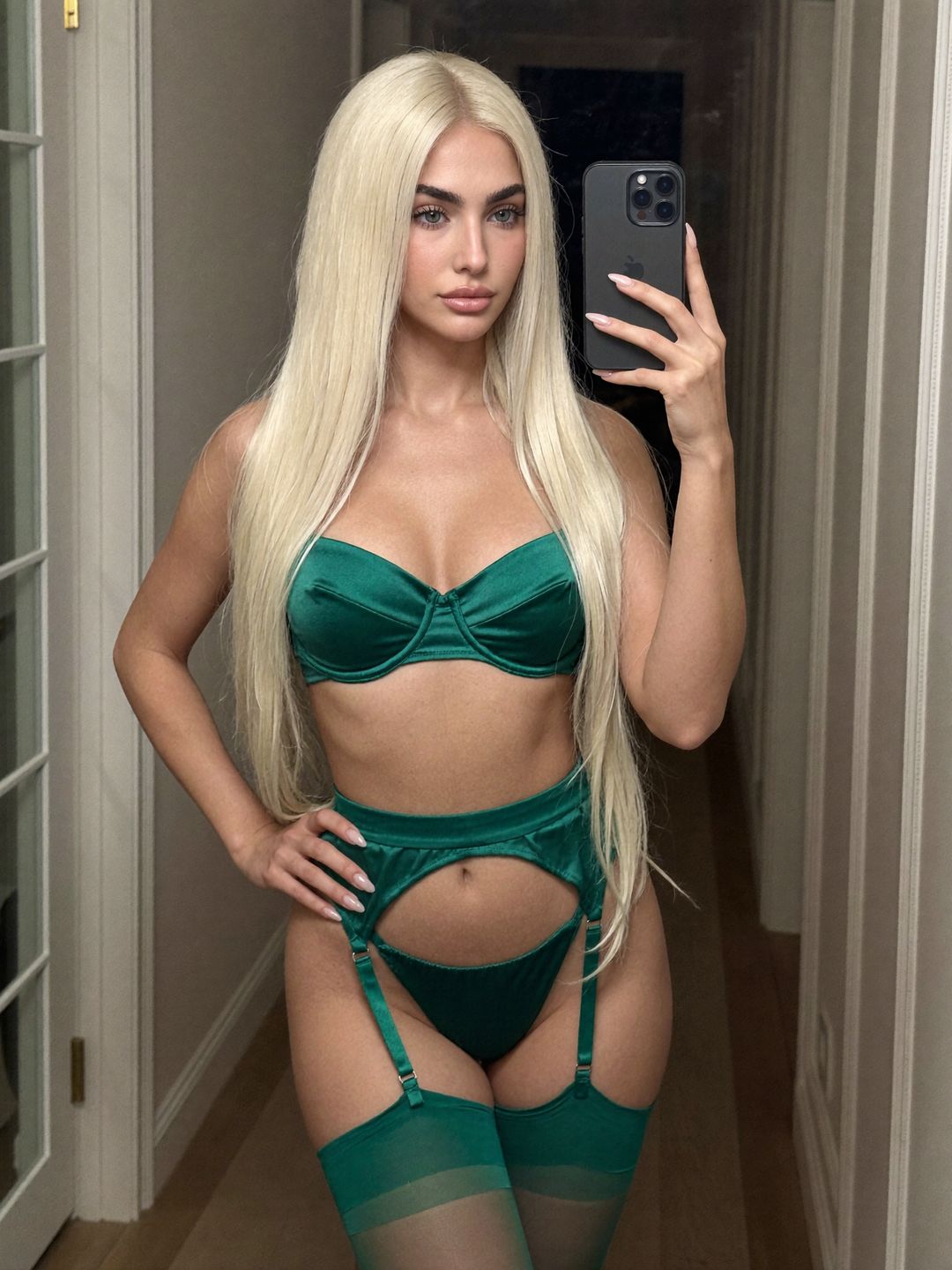 Alisa with long straight platinum-blonde hair, taking a phone mirror selfie, wearing emerald satin, stockings, garters, in a St Petersburg hallway at night.