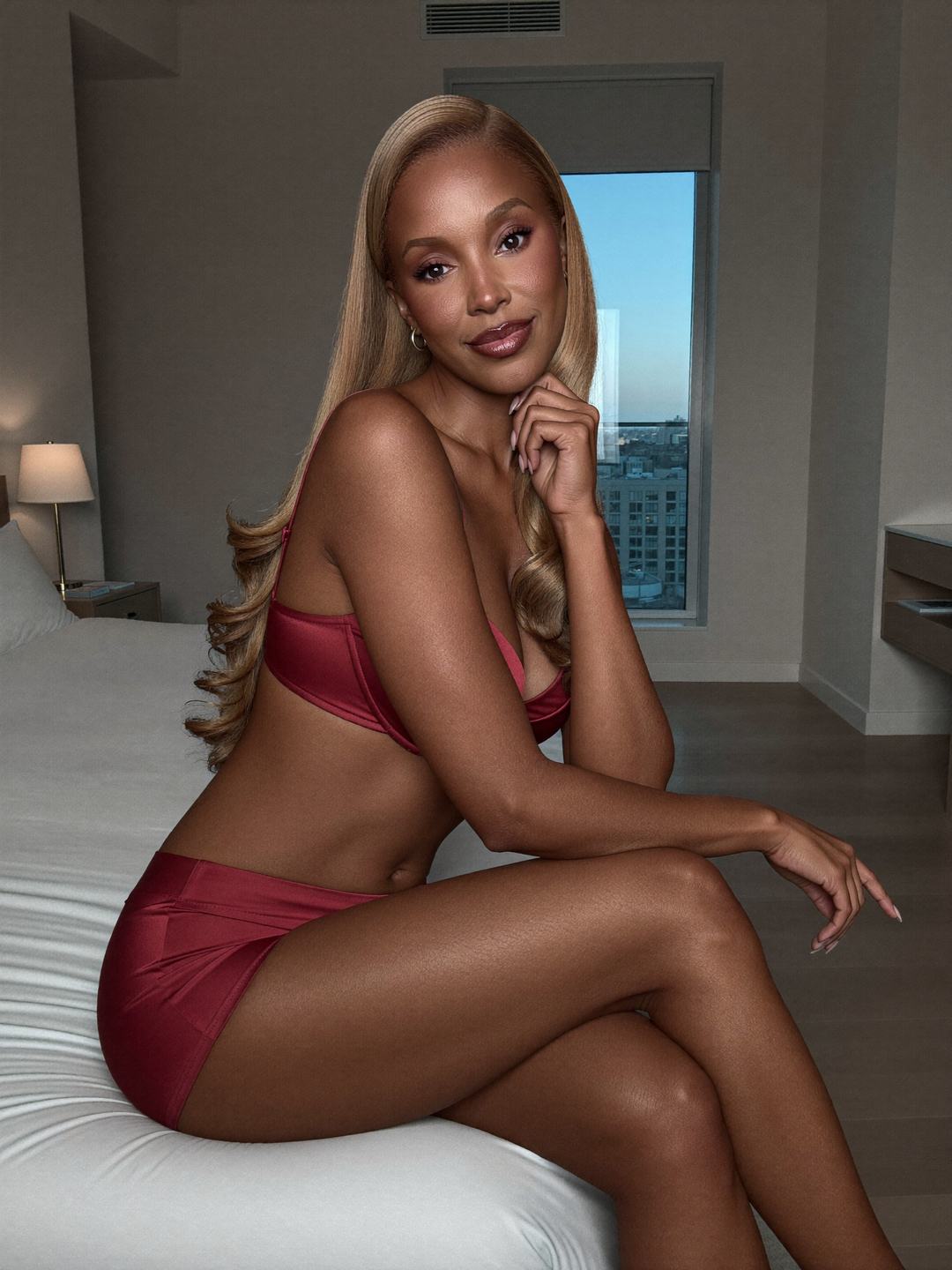 Danielle, a brunette African American woman, sits on a white bed in a burgundy satin bra and a short burgundy satin skirt, legs crossed, hand at her chin, a high-rise window with city towers behind her, smiling.