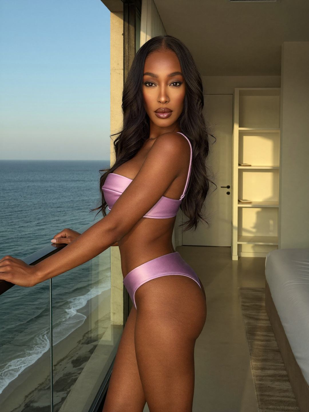 Fabienne, a dark-haired Haitian woman, in a lilac satin bra and high-cut briefs standing side-on at a glass balcony rail, one hand on it, looking at the camera, the beach and waves far below and an open door behind her.
