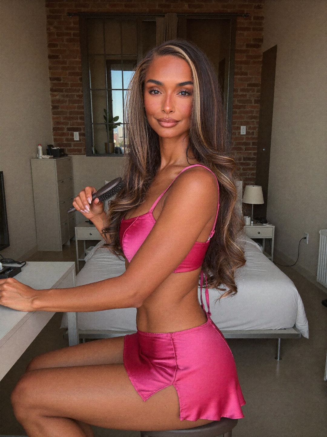 Larissa, a brunette Brazilian woman, sitting sideways on a stool at a white desk in a hot-pink satin bra and pink satin mini skirt with a side slit, holding a hairbrush near her shoulder, looking at the camera; a bed and a brick wall behind