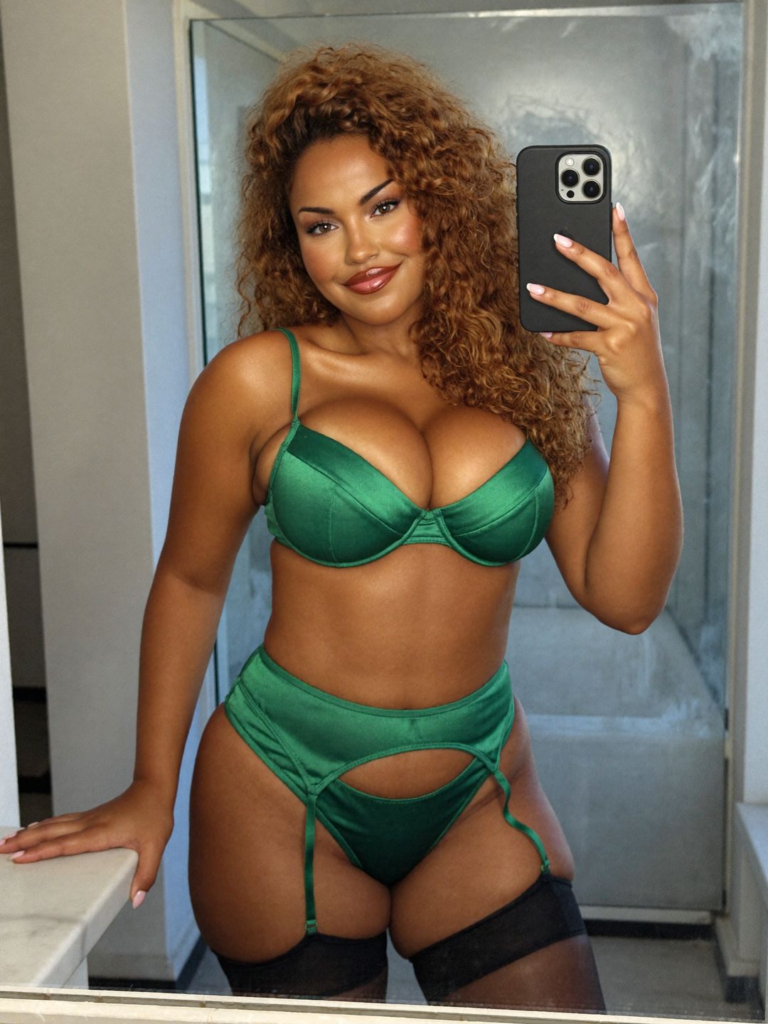 Marisol Cruz in an emerald satin bra, garter belt and black thigh-high stockings, taking a mirror selfie in a white bathroom with one hand on the counter.