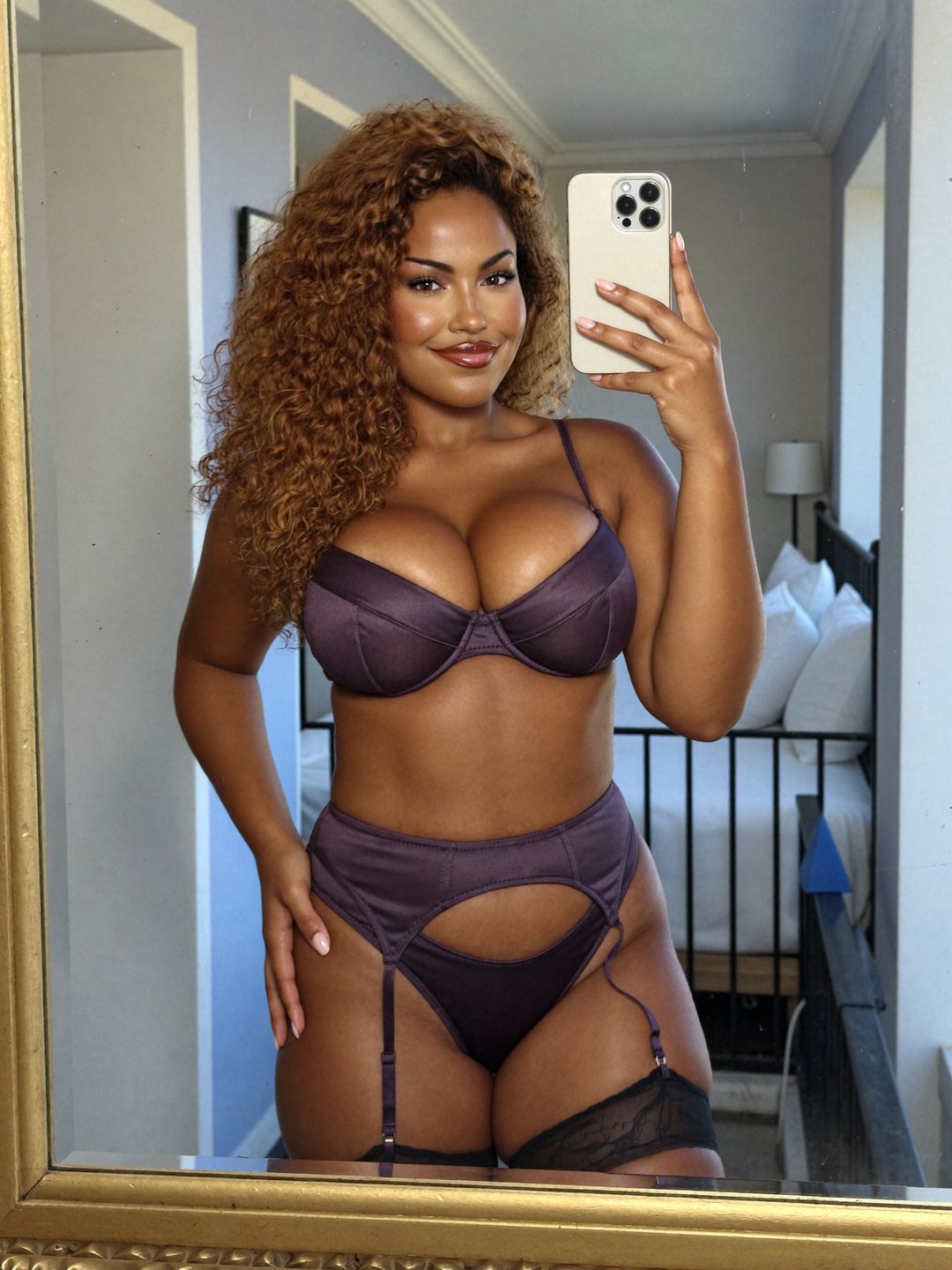 Marisol Cruz, a woman with long curly caramel-brown hair, taking a mirror selfie in a gold-framed mirror in a plum satin bra, garter belt and black thigh-high stockings