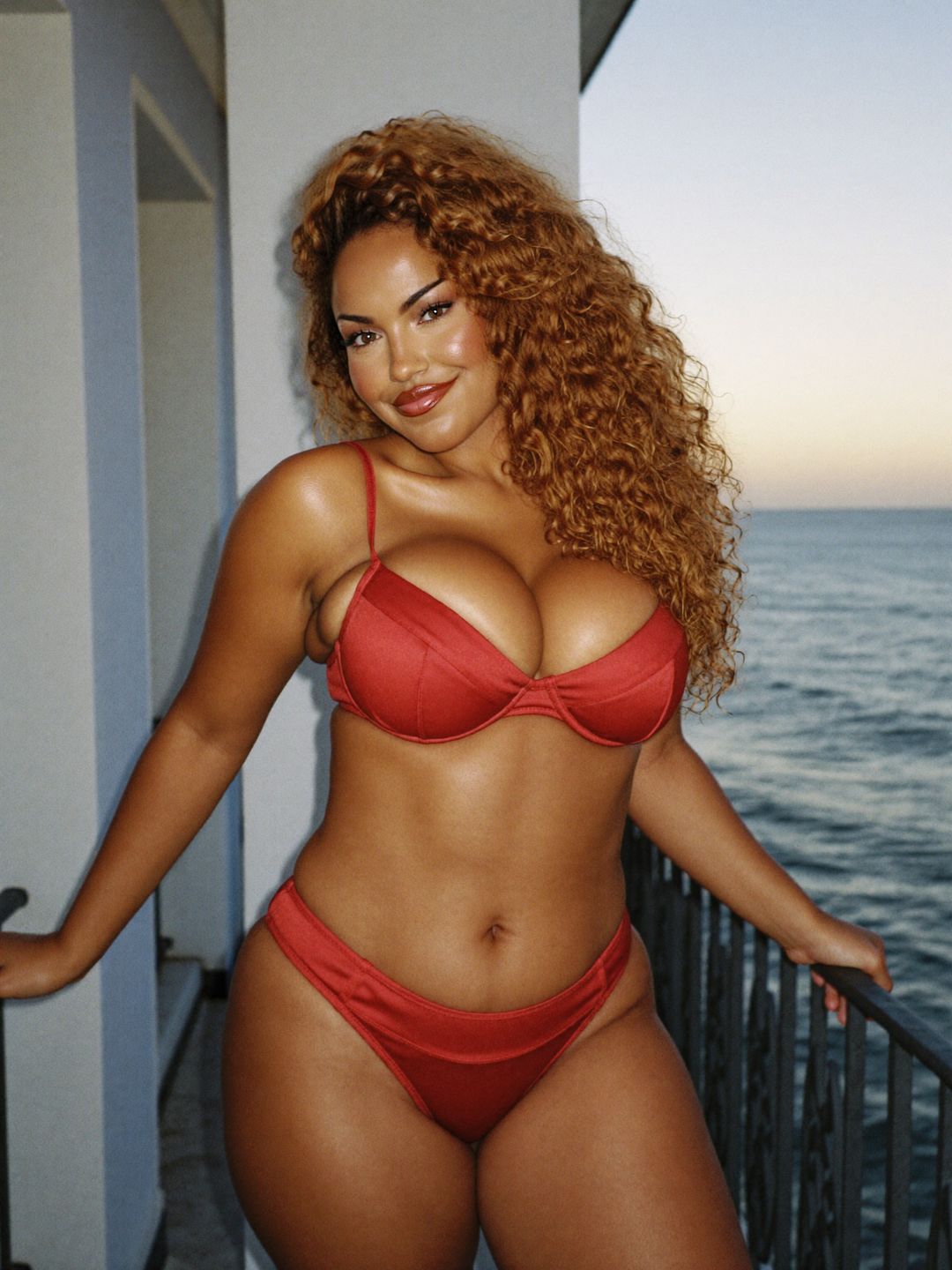 Marisol Cruz in a red satin bra and briefs standing on a balcony above the sea at sunset, one hand on the rail.