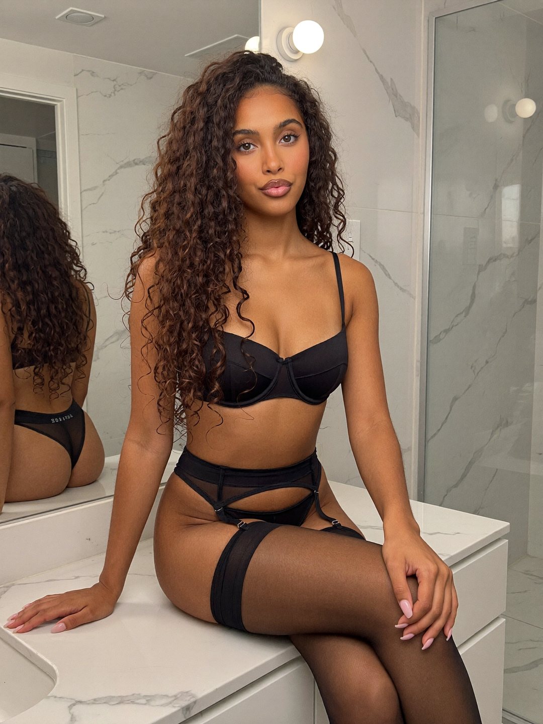 Yamila, a brunette Dominican woman, sits on a white marble bathroom counter in a black satin bra, black garter belt, black briefs and sheer black stockings, legs crossed, one hand on her knee, a soft gaze.